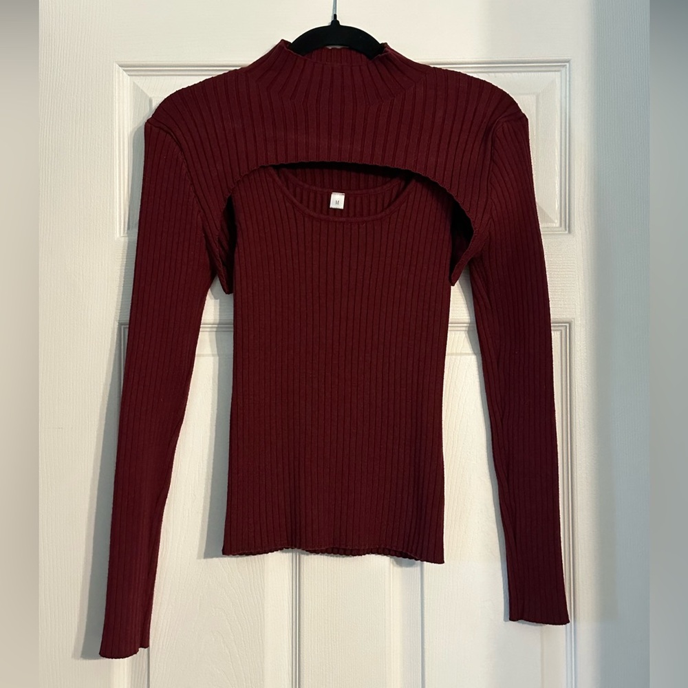 Elegant Burgundy Ribbed, Mock Neck Top